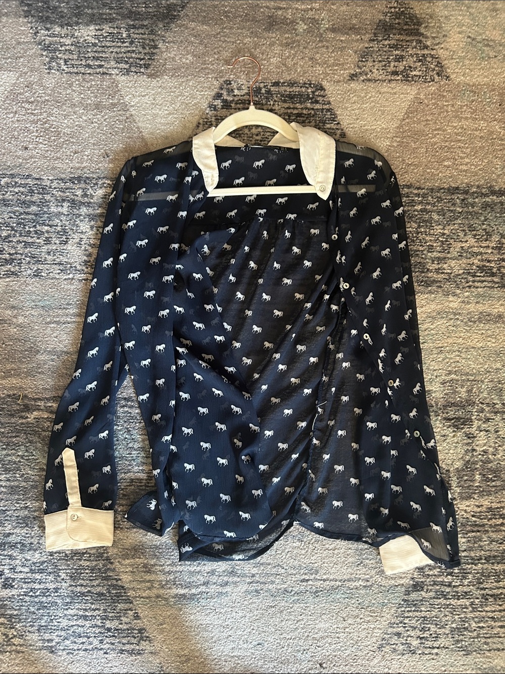 Zara Navy Horse-Print Button-Down Shirt with White Collar